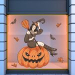 Halloween Βιτρίνα Η Μάγισσα Η Κολοκύθα Και Οι Νυχτερίδες